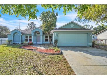 Charming blue single-story home featuring an attached two-car garage and a well-maintained, landscaped front yard at 1877 N Merrick Dr # 0, Deltona, FL 32738