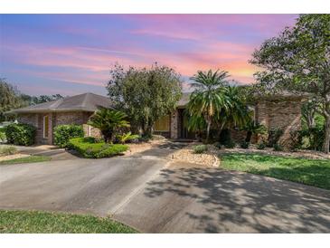 Inviting single-story brick home with a well-manicured lawn, a variety of trees, and a concrete driveway leading to the entrance at 3 Whipper In Cir, Ormond Beach, FL 32174