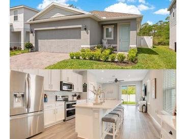 Split view featuring an exterior and a modern kitchen with stainless steel appliances and island seating at 7068 Lanier Falls Rd, Deland, FL 32724