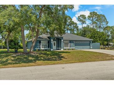 Charming single-story home featuring a well-maintained lawn, blue paint, and a two-car garage at 2150 Deck Ct, Deltona, FL 32738