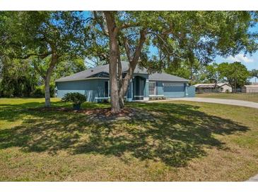 Charming single-story home with a blue exterior, mature trees, and a well-maintained front yard at 2150 Deck Ct, Deltona, FL 32738