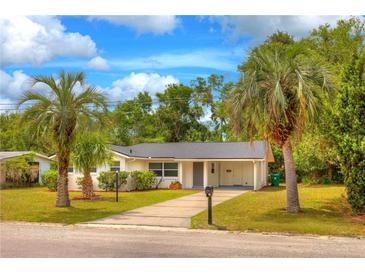 Charming single-story home with a lush green lawn, mature palm trees, and a long driveway at 508 W Hogle Ave, Deland, FL 32720