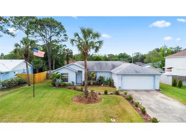 Charming single story home with well-manicured lawn, palm trees, and an American flag on display at 3214 Juniper Dr, Edgewater, FL 32141