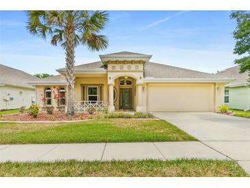 Charming, beige single-story home with a two car garage, complemented by a lush lawn and mature palm tree at 1481 Areca Palm Dr, Port Orange, FL 32128