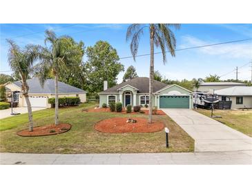 Charming one-story home featuring a lush green lawn with palm trees and a long driveway leading to the garage at 1862 Shelby Ter, Deltona, FL 32725