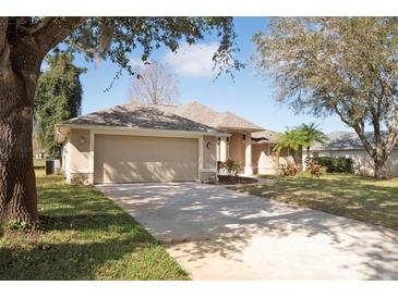 Charming single-story home with a two-car garage, well-maintained lawn, and mature trees offering shade at 41 Ormond Green Blvd, Ormond Beach, FL 32174