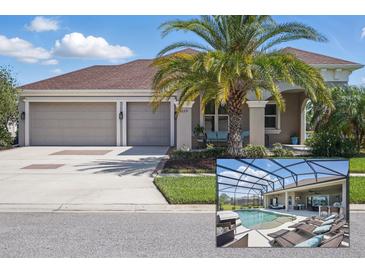 Charming home featuring a three-car garage, a lush lawn, and a screened-in lanai with pool at 3229 Medici Blvd, New Smyrna Beach, FL 32168