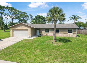 Charming single-story home featuring a lush green lawn, a palm tree, and an attached garage at 1191 Tracy Dr, Port Orange, FL 32129