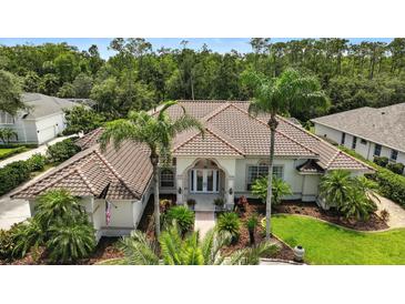 Beautiful home featuring tile roof, well maintained landscaping, and a stately entrance with decorative glass doors at 19 Tomoka Cove Way, Ormond Beach, FL 32174