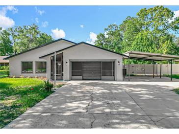 Well-maintained, one-story home featuring a two-car garage and covered parking with mature trees in a quiet neighborhood at 28432 Tammi Dr, Tavares, FL 32778