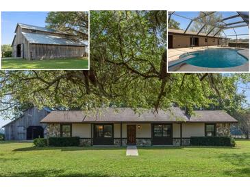 Charming single-story home with stone accents, a barn and a refreshing screened-in pool at 3815 Se 25Th St, Bushnell, FL 33513