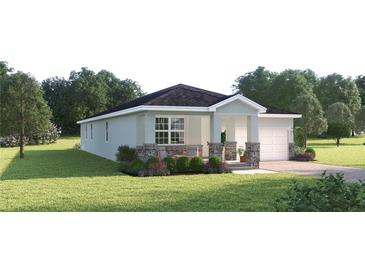Charming single-story home featuring stone accents, a covered porch, and a well-manicured lawn at 3828 Isle Royal Pl, Apopka, FL 32712