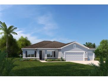 Charming one-story home with stone accents, lush green lawn, and a three car garage, perfect for a Gathering at 11033 Nellie Crossing Cir, Clermont, FL 34711