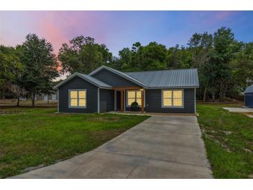 Charming single-story home featuring a metal roof, dark siding, and a well-manicured lawn, perfect for modern living at 1161 Cr 443, Lake Panasoffkee, FL 33538