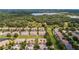 Aerial view of townhomes showcasing landscaping, parking, and water views at 17531 Placidity Ave, Clermont, FL 34714