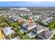 Aerial view of the neighborhood highlighting the home's location, pool, and proximity to amenities at 220 Clawson Way, Kissimmee, FL 34747