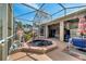 Enclosed patio featuring a hot tub, outdoor furniture, ceiling fans, and access to the rest of the yard at 603 Pinehurst Ct, Kissimmee, FL 34758