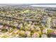 Wide angle aerial view of homes in a suburban neighborhood with mature trees and well-maintained roads at 1086 Harmony Ln, Clermont, FL 34711