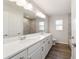 Bathroom featuring double sink vanity, quartz countertop, updated hardware, and wood-look flooring at 20184 Sw 57 St, Dunnellon, FL 34431