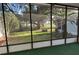 Screened-in porch with view of the community green space with mature trees at 910 Orchid St, Lady Lake, FL 32159
