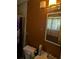 Bathroom with brown wall, vanity, toilet, and floral print curtain and mirror at 5195 Edwina St, Orlando, FL 32811