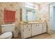 Bathroom featuring a patterned wallpaper, neutral carpet and a vanity at 159 Sweetgum Ln, Port Orange, FL 32129