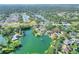 Aerial view of lakefront home with a fountain and surrounded by trees at 5810 Lake Victoria Dr, Lakeland, FL 33813