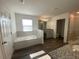 Well-lit bathroom features a tub, vanity with granite countertop, and wood-look floors at 1142 Blarney St, Minneola, FL 34715