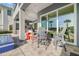 Charming covered patio with outdoor kitchen, pool, and comfortable seating, perfect for entertaining guests at 1514 Corolla Ct, Reunion, FL 34747