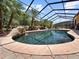Screened in outdoor pool featuring waterfall feature surrounded by palm trees at 6567 Eagle Ridge Way, Lakeland, FL 33813