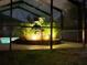 Enclosed pool area showcasing lush tropical landscaping and ambient lighting for a relaxing evening atmosphere at 1568 Cordgrass Way, Lakeland, FL 33813