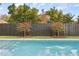 A sparkling pool with steps leads to a dark wood fence backdrop with flowering trees at 1521 Chestnut Ave, Winter Park, FL 32789