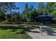 Backyard patio featuring a seating area and lush landscaping, perfect for outdoor living at 9085 Sw 202Nd Avenue Rd, Dunnellon, FL 34431