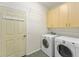 This laundry room includes shelving and updated washer and dryer machines at 777 Summit Greens Blvd, Clermont, FL 34711