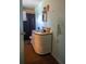 Bathroom featuring a turquoise sink, peeling walls, and shower with a black curtain at 7043 Curtis Ave, Groveland, FL 34736