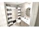Cozy bathroom with patterned shower curtain, round mirror, and neutral finishes at 11315 Cypress Shore Ct, Clermont, FL 34711