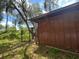 Wood paneled shed in a lush, overgrown backyard with mature trees at 507 Cloudcroft Dr, Deltona, FL 32738