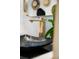 Unique bathroom sink with a black basin, gold faucet, and stylish hats decorate the wall at 13450 E Lake Mary Jane Rd, Orlando, FL 32832