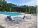 Community pool area with ample seating including tables, chairs, lounge chairs, and umbrellas at 1414 Fox Squirrel Dr, Davenport, FL 33897