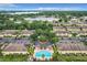 Aerial view featuring a pool, well-manicured landscaping, roundabout, and ample resident parking at 519 Sandstone St, Lakeland, FL 33809