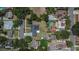 Overhead view of a landscaped home and neighborhood including pool and green lawn at 733 S Clayton Ave, Lakeland, FL 33801