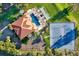 Aerial view of community amenities including pool, spa, tennis and shuffleboard court, clubhouse, parking and green space at 804 Magnolia Pl # 804, Winter Haven, FL 33884