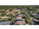 Aerial view of a residential neighborhood showcasing a single-Gathering home with a fenced backyard at 35 Saddlers Run, Ormond Beach, FL 32174