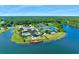 Beautiful aerial view of a community clubhouse, pool, tennis courts, and lakefront scenery at 820 Aldenham Ln, Ormond Beach, FL 32174