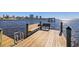 Dock featuring two wooden benches, stainless steel ladder, and dark wooden posts with clear skyline views at 2912 River Point Dr, Daytona Beach, FL 32118