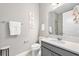 Modern bathroom features a gray vanity, decorative mirror, and neutral color scheme, offering a clean aesthetic at 3257 Bailey Ann Dr, Ormond Beach, FL 32174