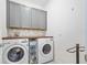 Functional laundry room with front-loading washer and dryer, gray cabinets, and decorative backsplash at 3257 Bailey Ann Dr, Ormond Beach, FL 32174