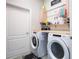 Functional laundry room with washer, dryer, folding table, and storage shelves at 113 Plumosus Park Dr, Deland, FL 32724