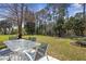 Backyard with patio furniture, manicured lawn, and views of the serene wooded area at 1432 Kinnard Cir, Ormond Beach, FL 32174
