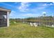 Backyard featuring a fence, a partial view of a lake, and white chairs on the lawn at 604 Mosaic Blvd, Daytona Beach, FL 32124